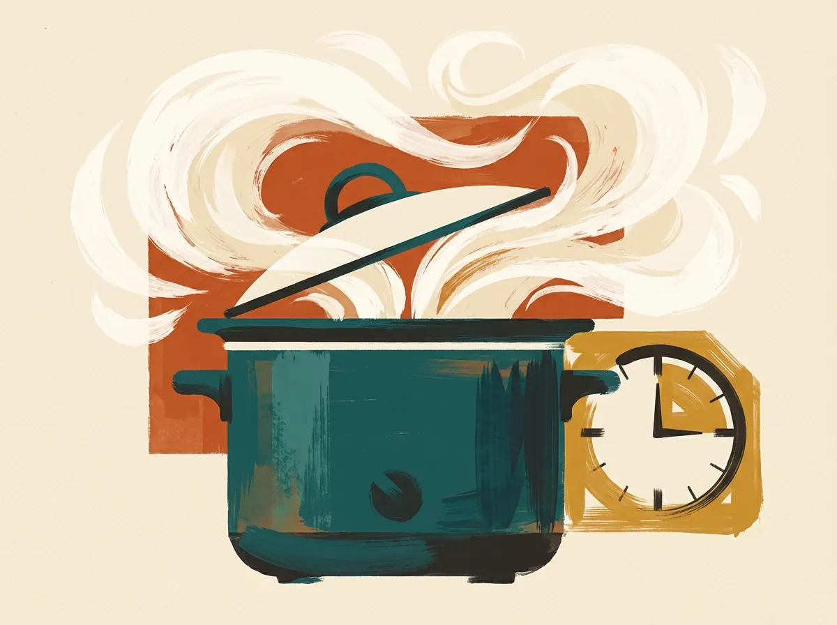 Slow cooker with the lid lifted, steam escaping, and a clock showing the 20 minutes of cooking time lost