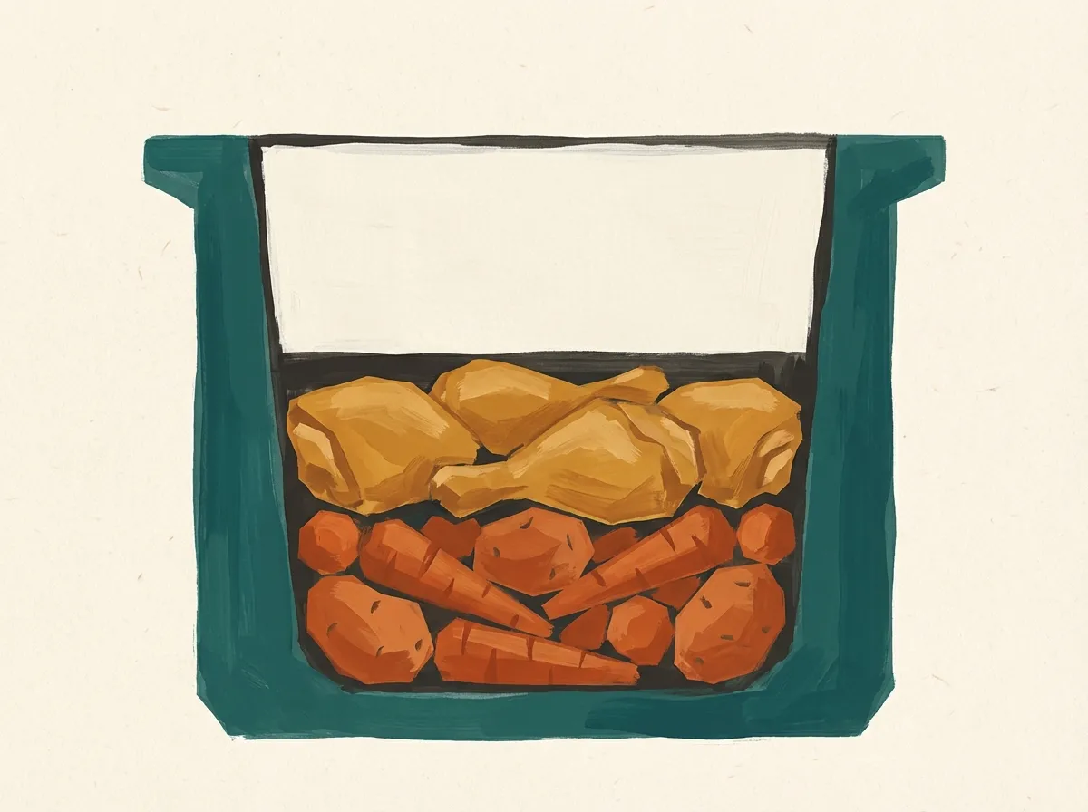 Cross-section of a slow cooker insert showing the correct layering: dense vegetables at the bottom, meat in the middle, empty headroom at the top