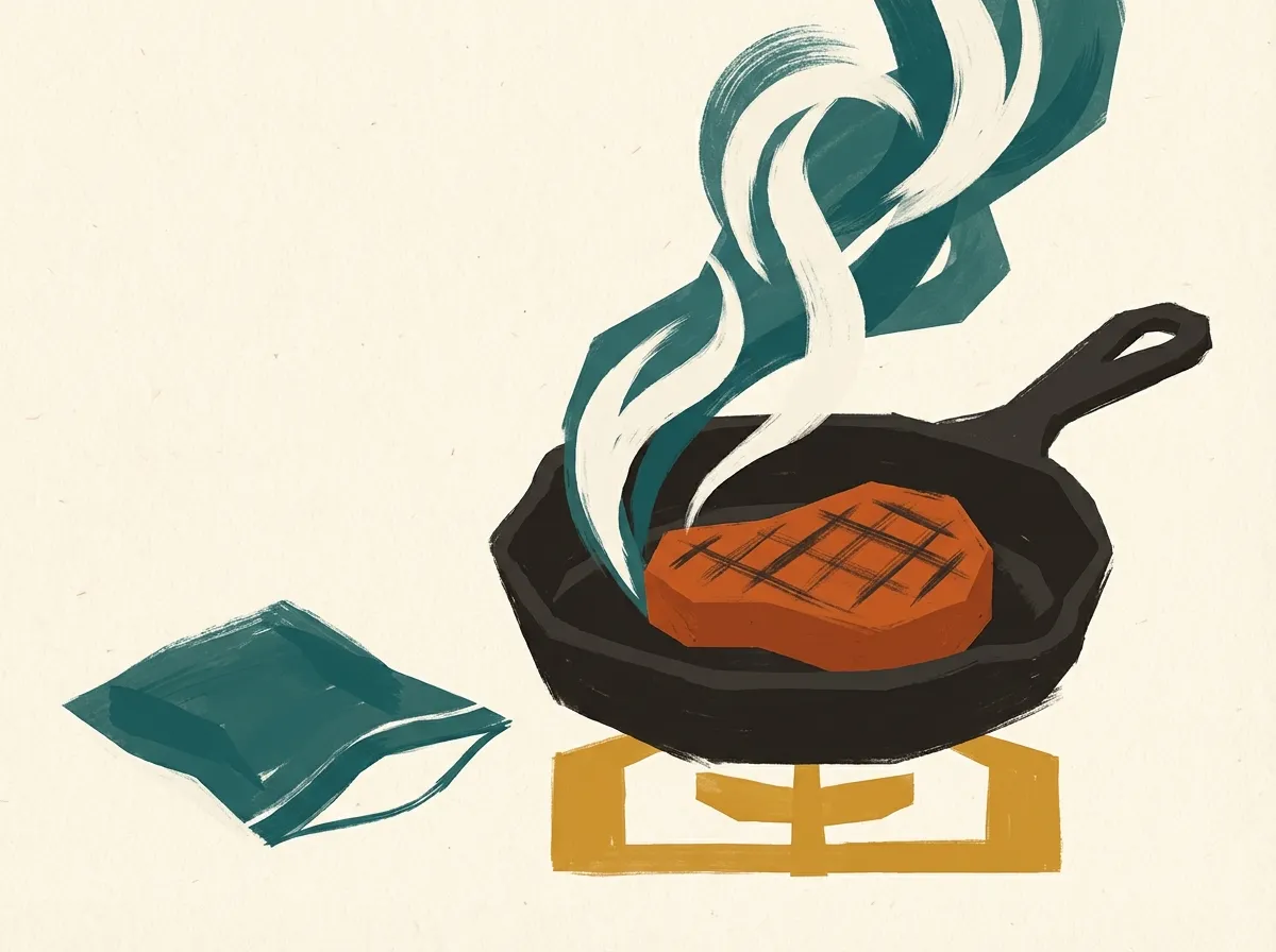 Steak being seared in a cast iron pan immediately after sous-vide cooking