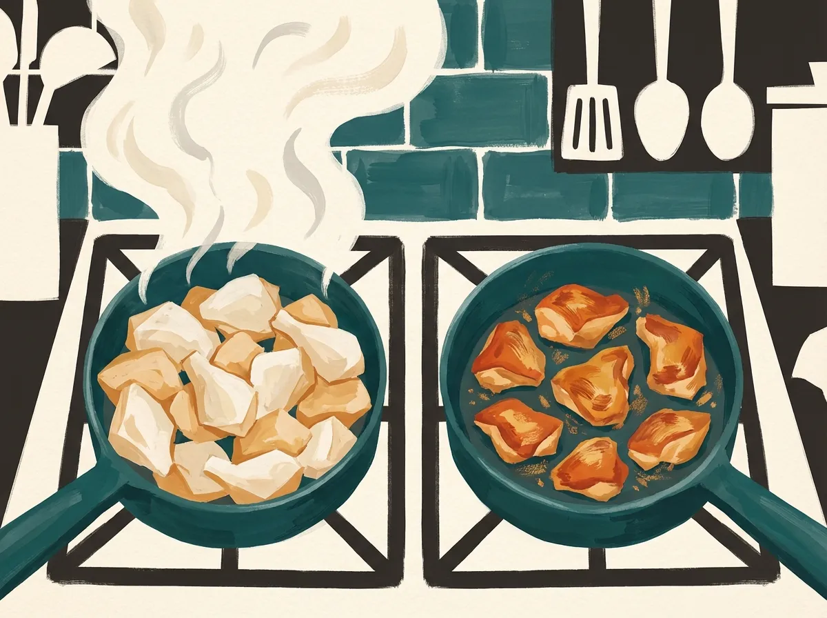 Scene showing two pans: one overcrowded with steaming food, one with proper spacing showing a good sear