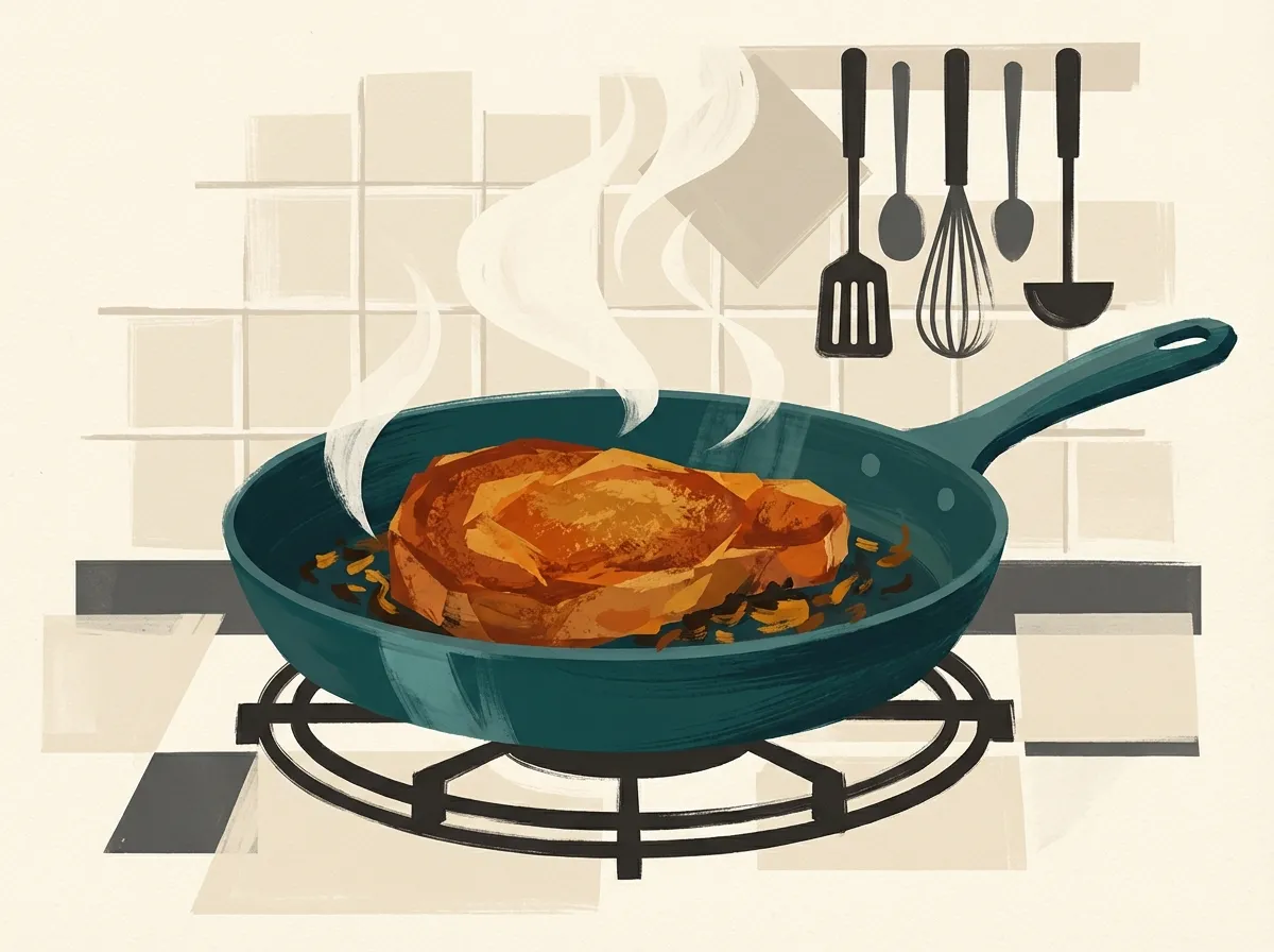 Side view of a pan on a burner showing proper searing technique with a golden-brown steak and visible fond