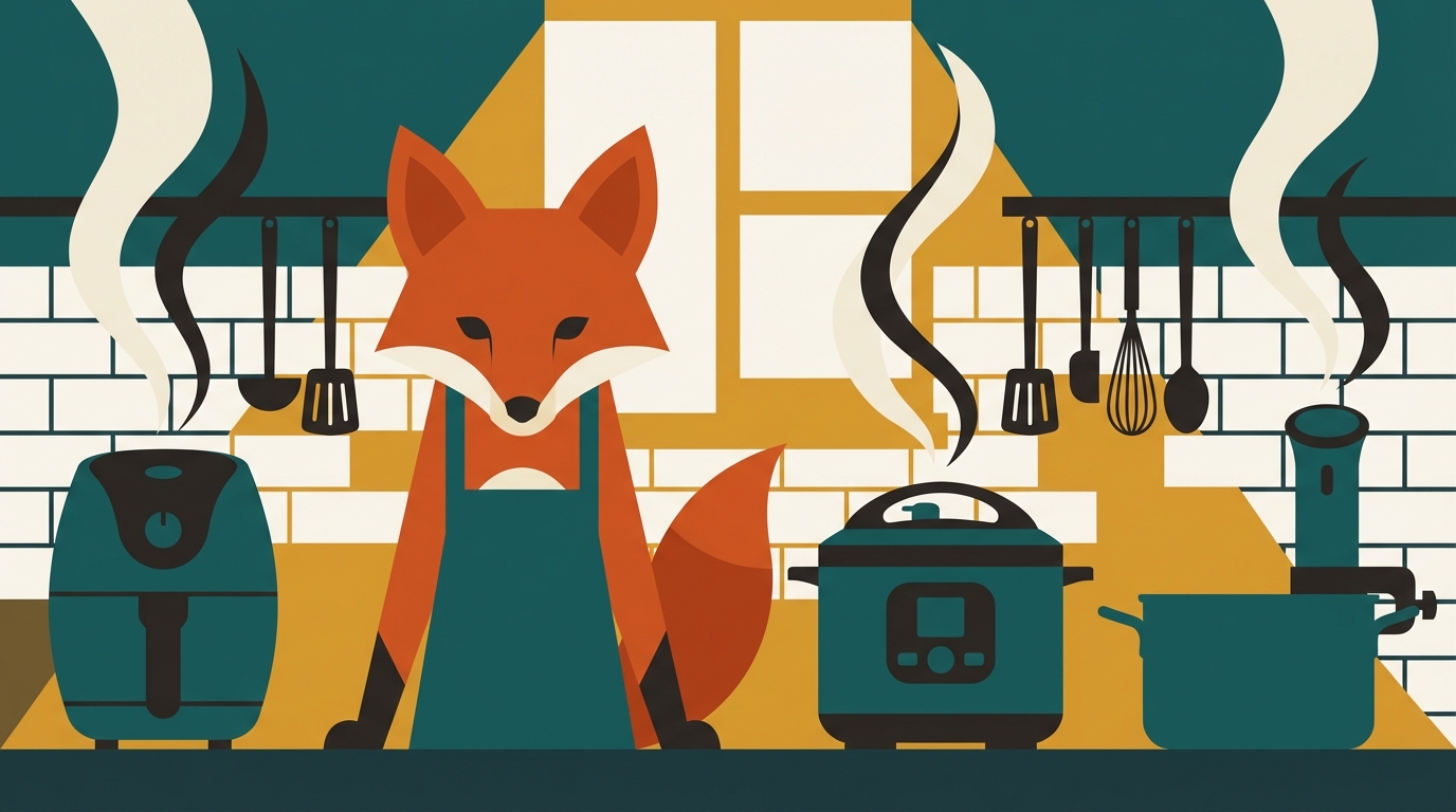 Renardo the fox in an apron, standing at a kitchen counter with an air fryer, pressure cooker, and sous vide circulator